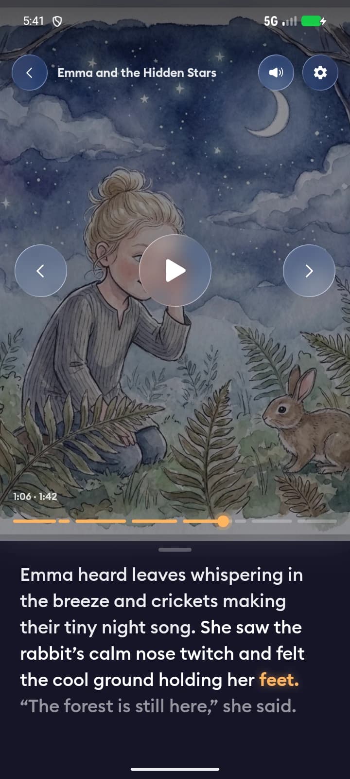 Dreamy story player with an illustrated story, narration controls, and read-along text